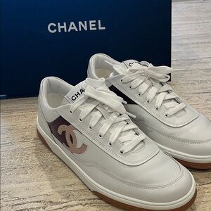 CHANEL Women White, Burgundy and Beige Sneakers